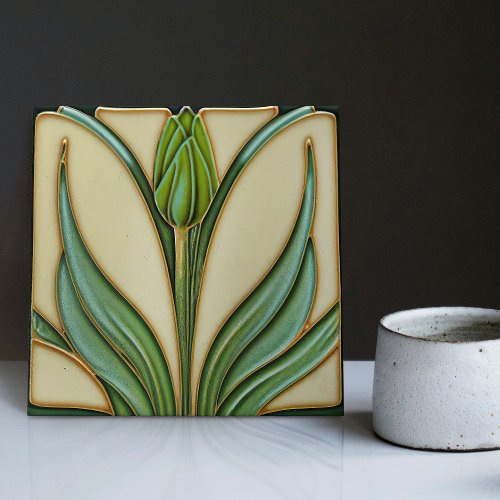 Green Tulip Wall Decor Art Nouveau Art Deco Ceramic Tile