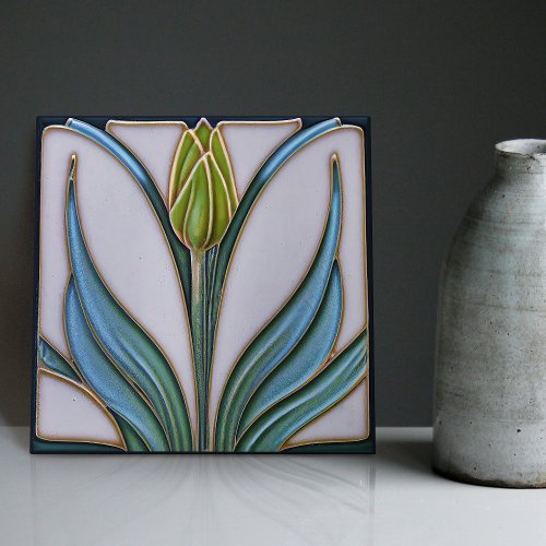 Green Tulip Wall Decor Art Nouveau Art Deco Ceramic Tile