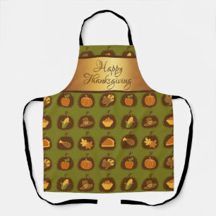 Green Turkey & Pumpkin Shiney Gold Thanksgiving Apron