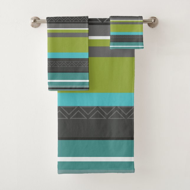 Green, Turquoise and Gray Stripes Bath Towel Set (Insitu)