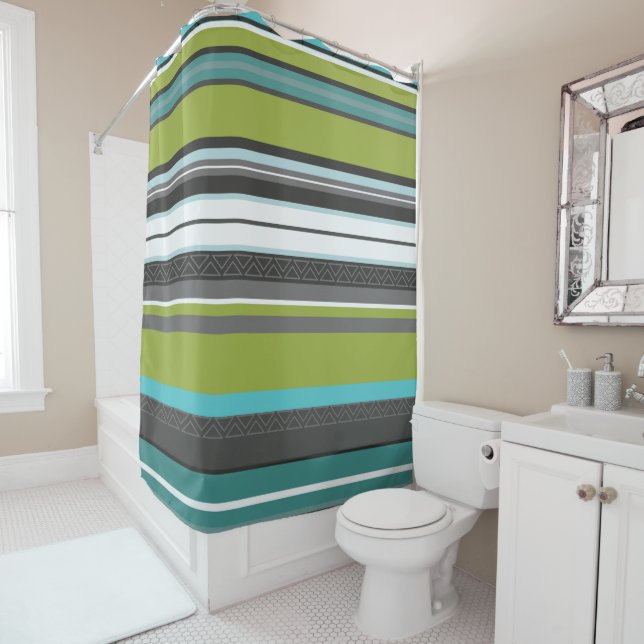 Green, Turquoise and Gray Stripes Shower Curtain (In Situ)