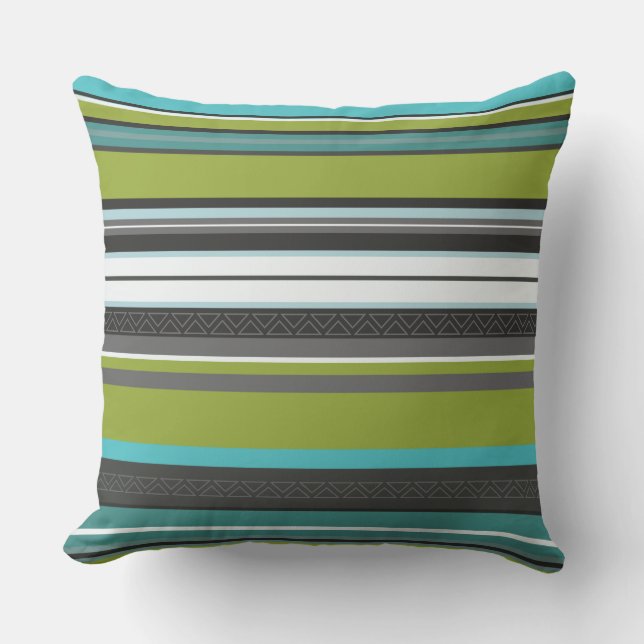 Green, Turquoise and Gray Stripes Throw Pillow (Front)