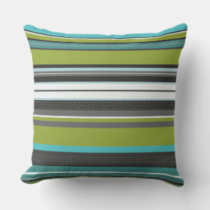 Green, Turquoise and Gray Stripes Throw Pillow