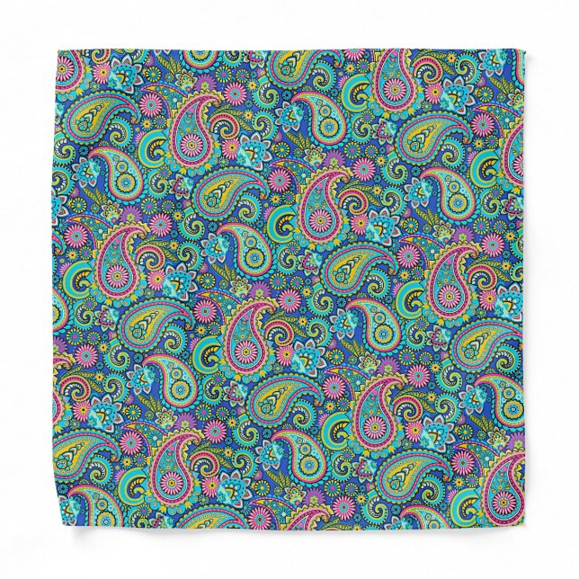Green Turquoise Blue Pink Indian Floral Paisley Bandana (Front)