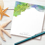 Green turquoise blue watercolor splatter modern notepad<br><div class="desc">Soft gray handwritten typography and rich, green, blue, turquoise and gold watercolor ink swirls and splatters overlay a white background on this chic, elegant, modern custom name notepad. Makes a fun and stylish statement every time you jot down a note during your workday. Makes a thoughtful, customized gift for a...</div>