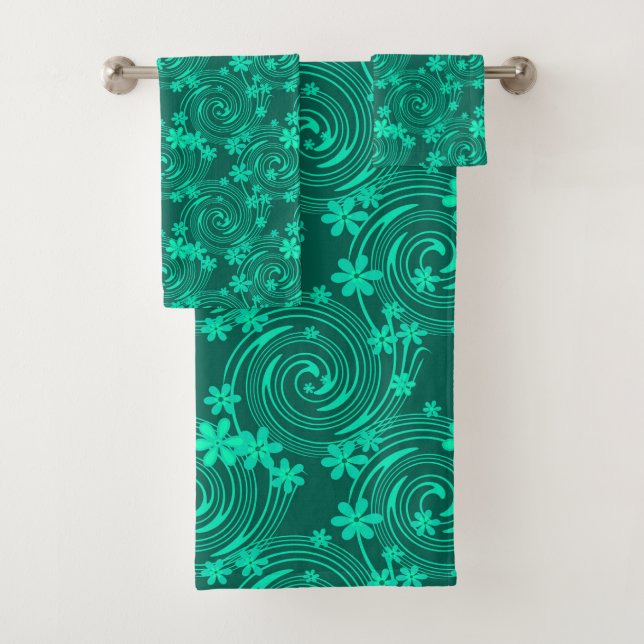 green turquoise bright floral pattern bath towel set (Insitu)