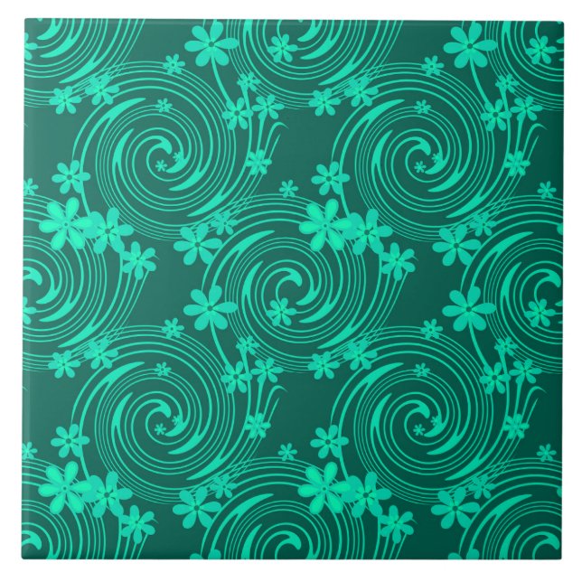 green turquoise bright floral pattern ceramic tile (Front)