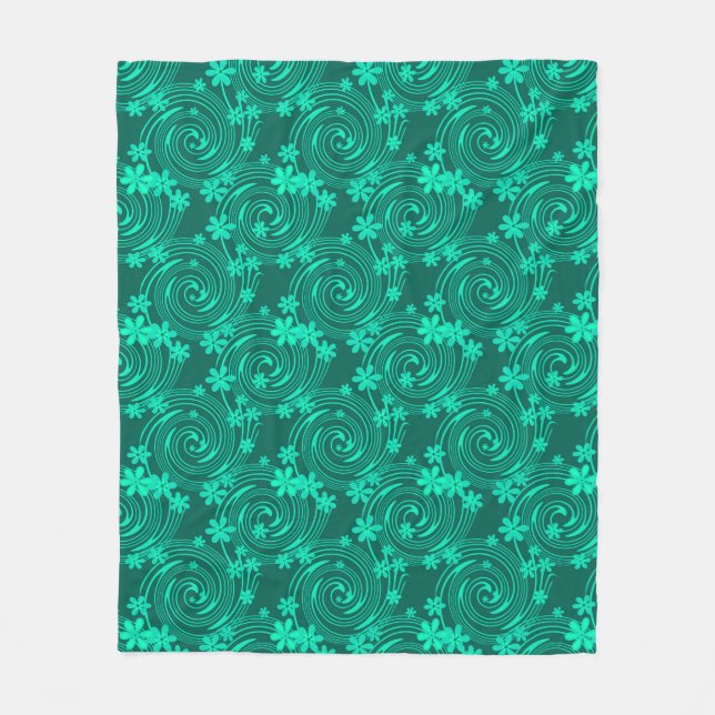 green turquoise bright floral pattern fleece blanket (Front)
