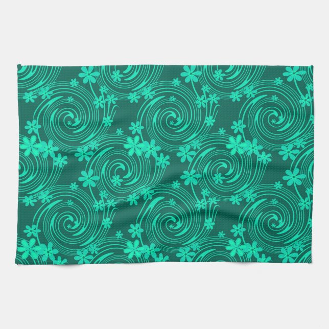 green turquoise bright floral pattern kitchen towel (Horizontal)