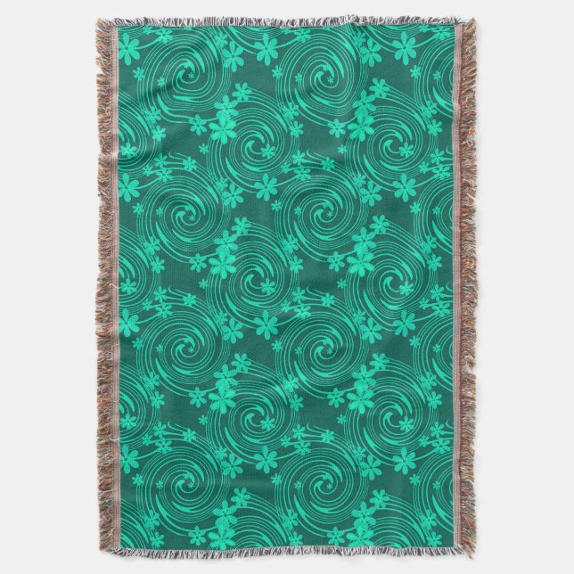 green turquoise bright floral pattern throw blanket (Front Vertical)