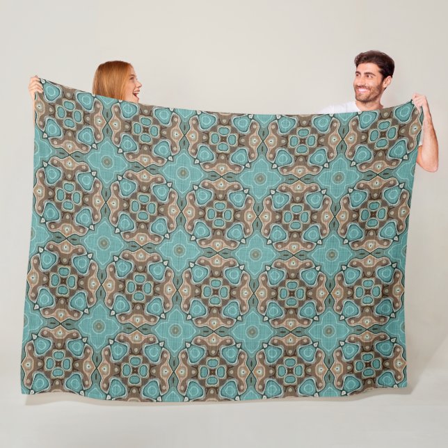 Green Turquoise Brown Hip Bohemian Bali Art Motif Fleece Blanket (In Situ)