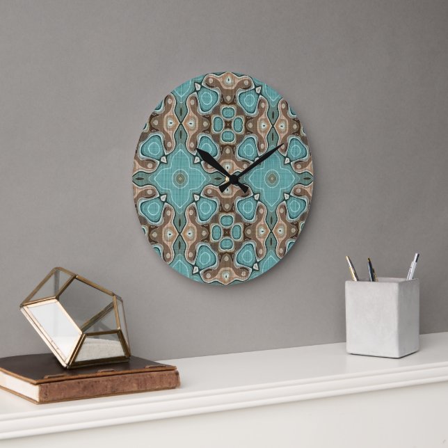 Green Turquoise Brown Hip Bohemian Bali Art Motif Large Clock (Office)