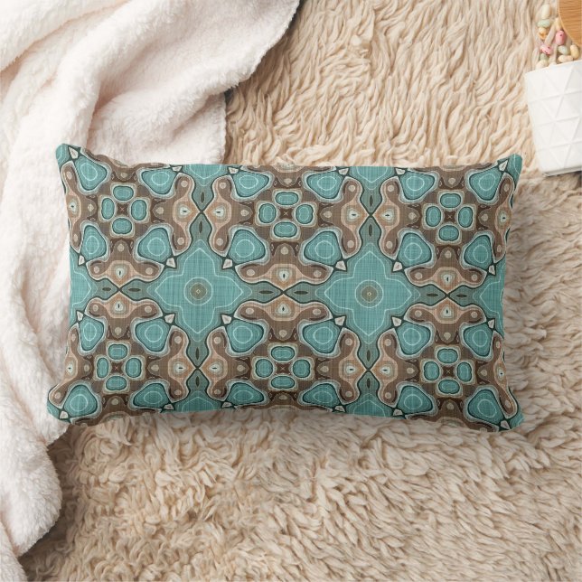 Green Turquoise Brown Hip Bohemian Bali Art Motif Lumbar Pillow (Blanket)