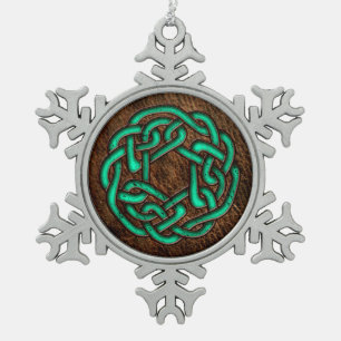 Green turquoise celtic knot on leather digital art snowflake pewter christmas ornament
