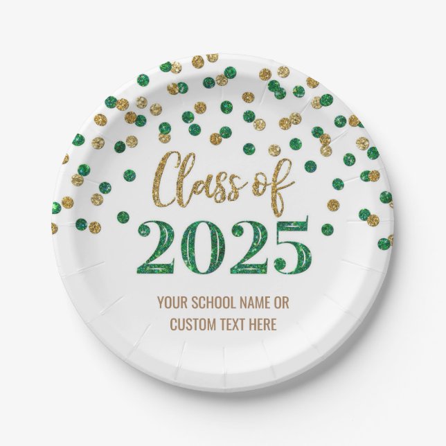 Green Turquoise Confetti Graduation 2025 Paper Plates (Front)