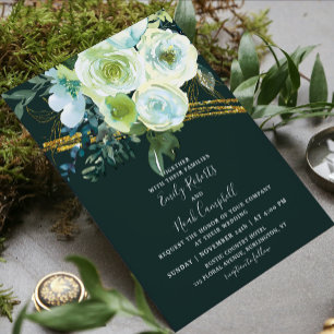 Green Turquoise Floral Gold Glitter Photo Wedding Invitation