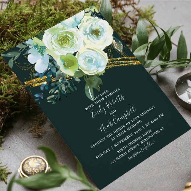 Green Turquoise Floral Gold Glitter Photo Wedding Invitation (Creator Uploaded)