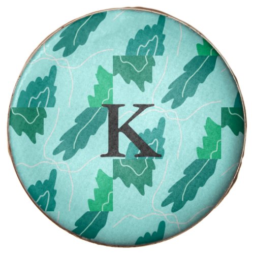 Green turquoise leaves floral pattern add monogram chocolate covered oreo
