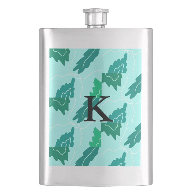 Green turquoise leaves floral pattern add monogram flask (Front)