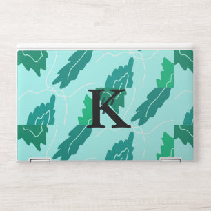 Green turquoise leaves floral pattern add monogram HP laptop skin