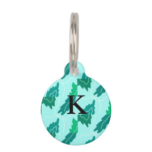 Green turquoise leaves floral pattern add monogram pet ID tag