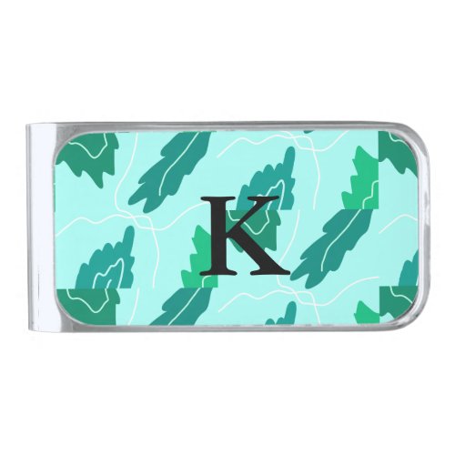 Green turquoise leaves floral pattern add monogram silver finish money clip