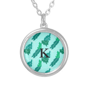 Green turquoise leaves floral pattern add monogram silver plated necklace