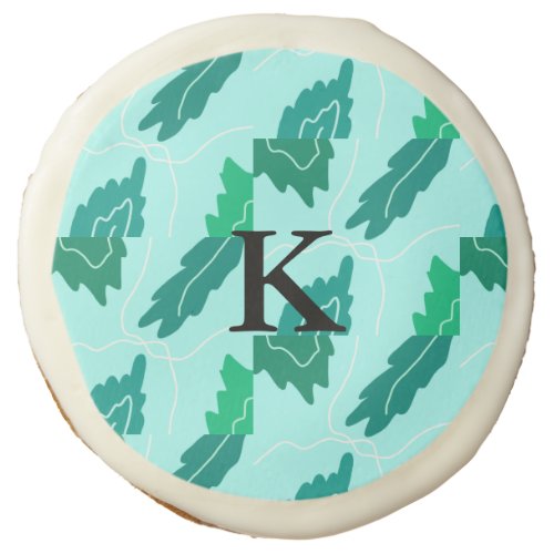Green turquoise leaves floral pattern add monogram sugar cookie