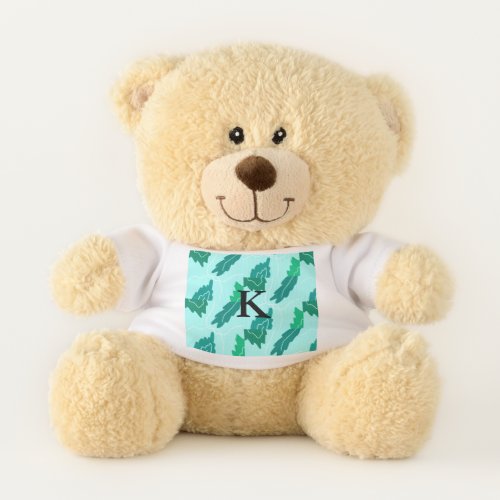 Green turquoise leaves floral pattern add monogram teddy bear
