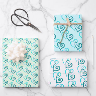 Green Turquoise Linked Heart Pattern Wrapping Paper Sheets