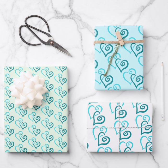 Green Turquoise Linked Heart Pattern Wrapping Paper Sheets (Front)