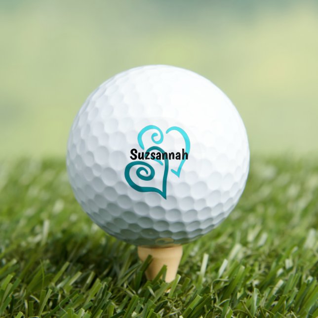 Green Turquoise Linked Hearts Name Template Golf Balls (Insitu Tee)