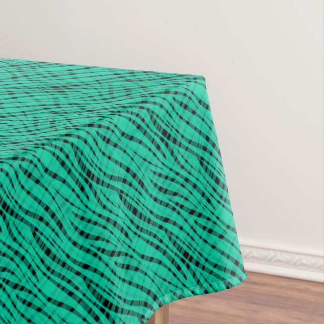 Green turquoise tiger abstract print tablecloth (In Situ)