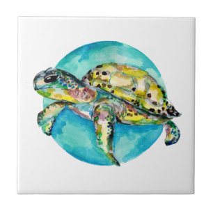Green Turtle Blue Circle Ceramic Tile