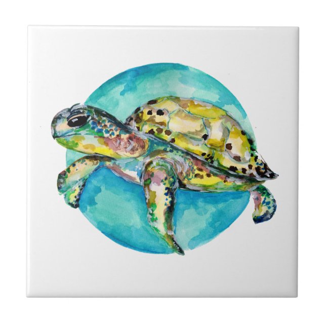 Green Turtle Blue Circle Ceramic Tile (Front)
