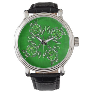 Green Turtle Dot Art, Mens Leather Watch