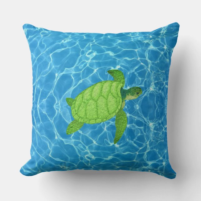 Green turtle on turquoise water throw pillow (Front)