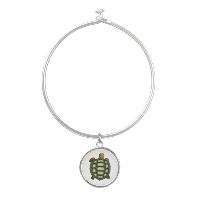 Green Turtle on White Background Bangle Bracelet (Front)