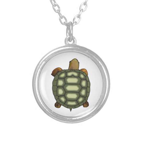Green Turtle on White Background Silver Plated Necklace