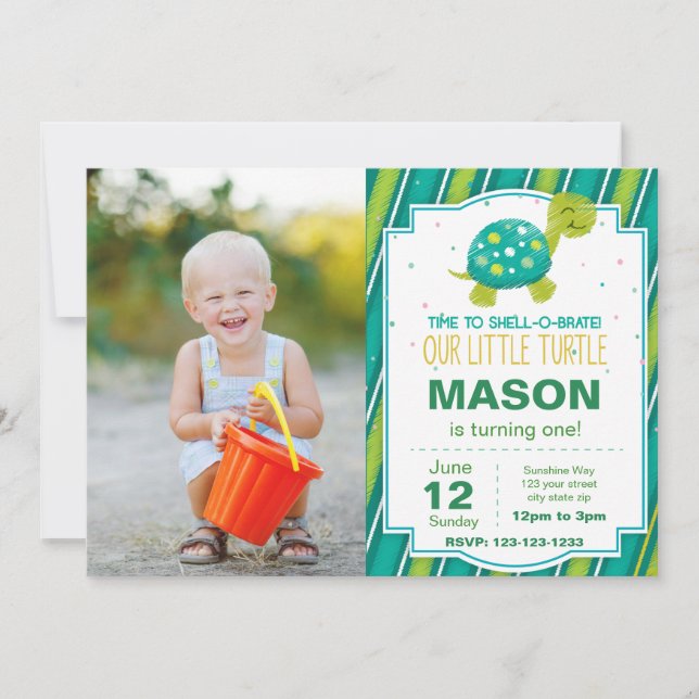 Green Turtle Stripe Birthday Invitation w Photo (Front)