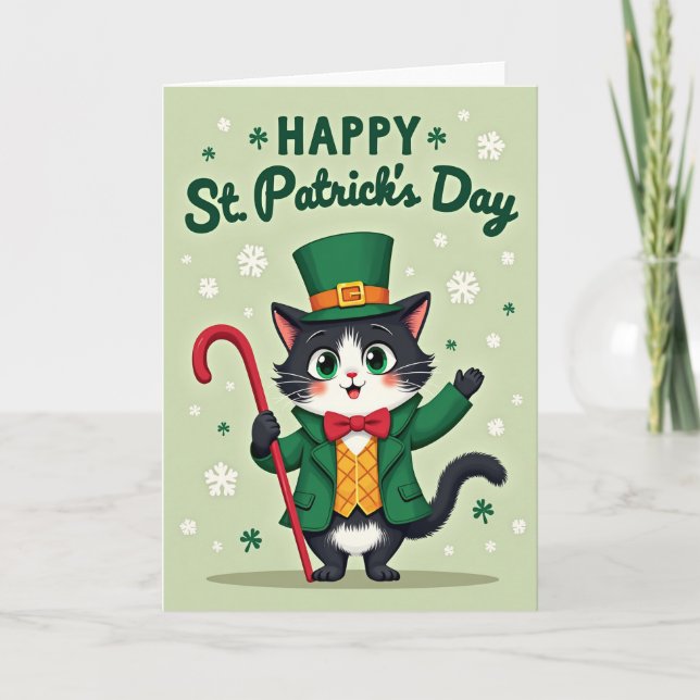 Green Tuxedo Cat Day Card (Front)