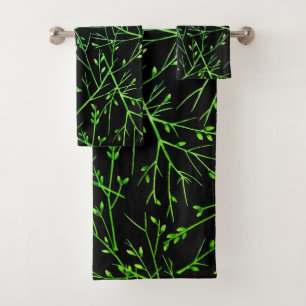 Green Twigs on Black  Bath Towel Set