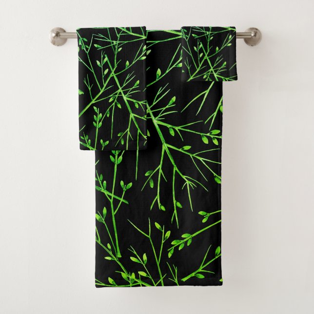 Green Twigs on Black  Bath Towel Set (Insitu)