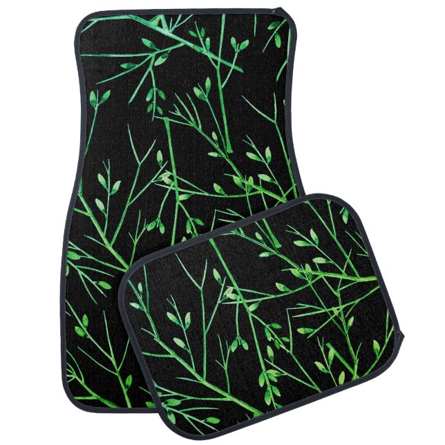 Green Twigs on Black  Car Floor Mat (Set)