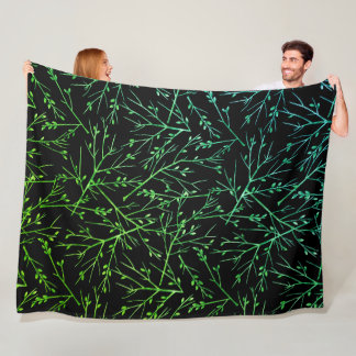 Green Twigs on Black  Fleece Blanket