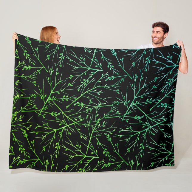 Green Twigs on Black  Fleece Blanket (In Situ)