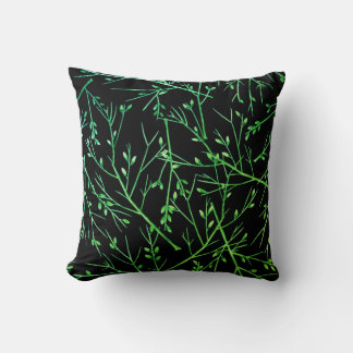 Green Twigs on Black Throw Pillow