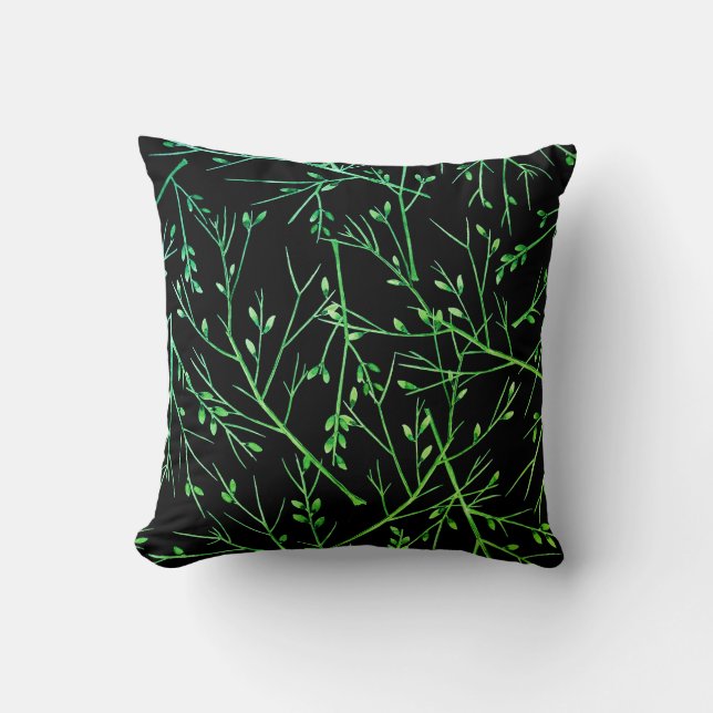 Green Twigs on Black  Throw Pillow (Front)
