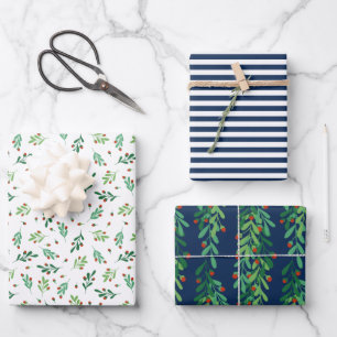 Green Twigs & Red Berries Blue Christmas Patterns Wrapping Paper Sheets