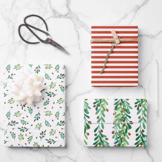 Green Twigs & Red Berries Christmas Patterns Wrapping Paper Sheets